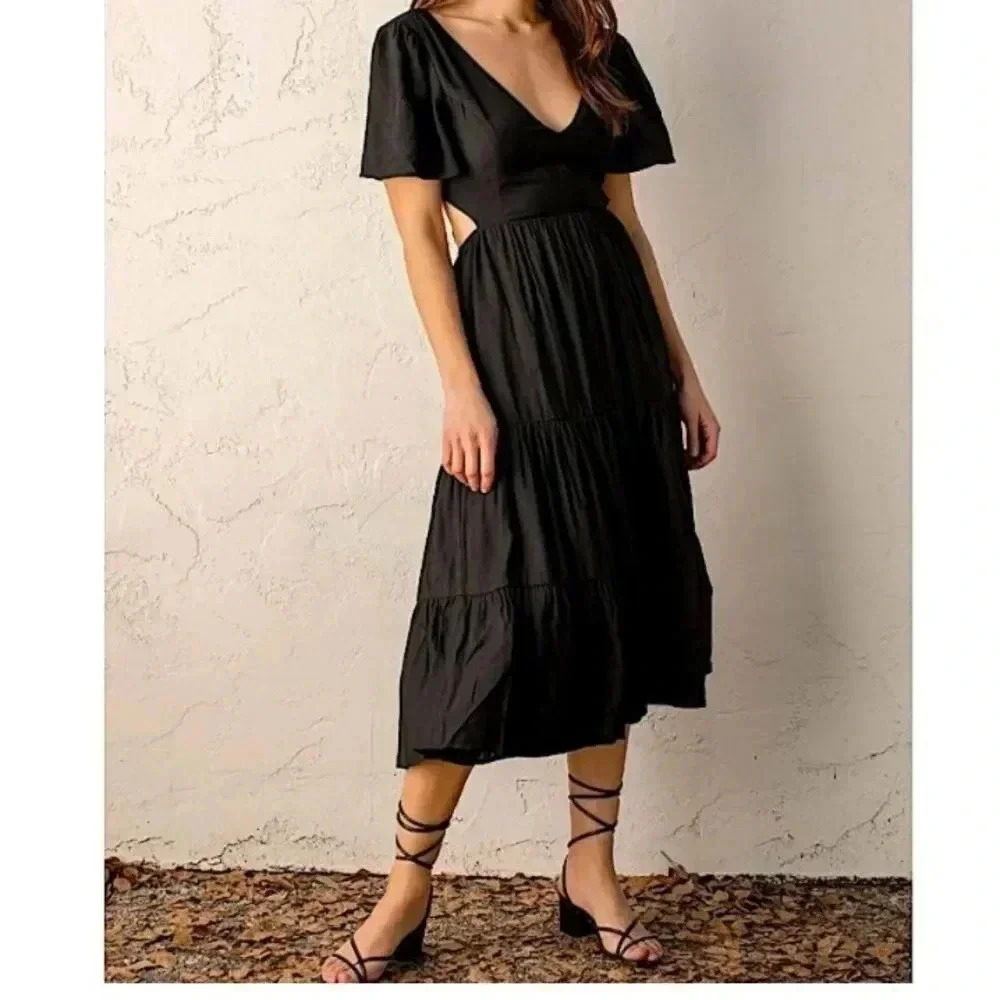 Lulus Midi Dress Size XS Tiered Tie Back Cut Out  Casual Party Like New Black